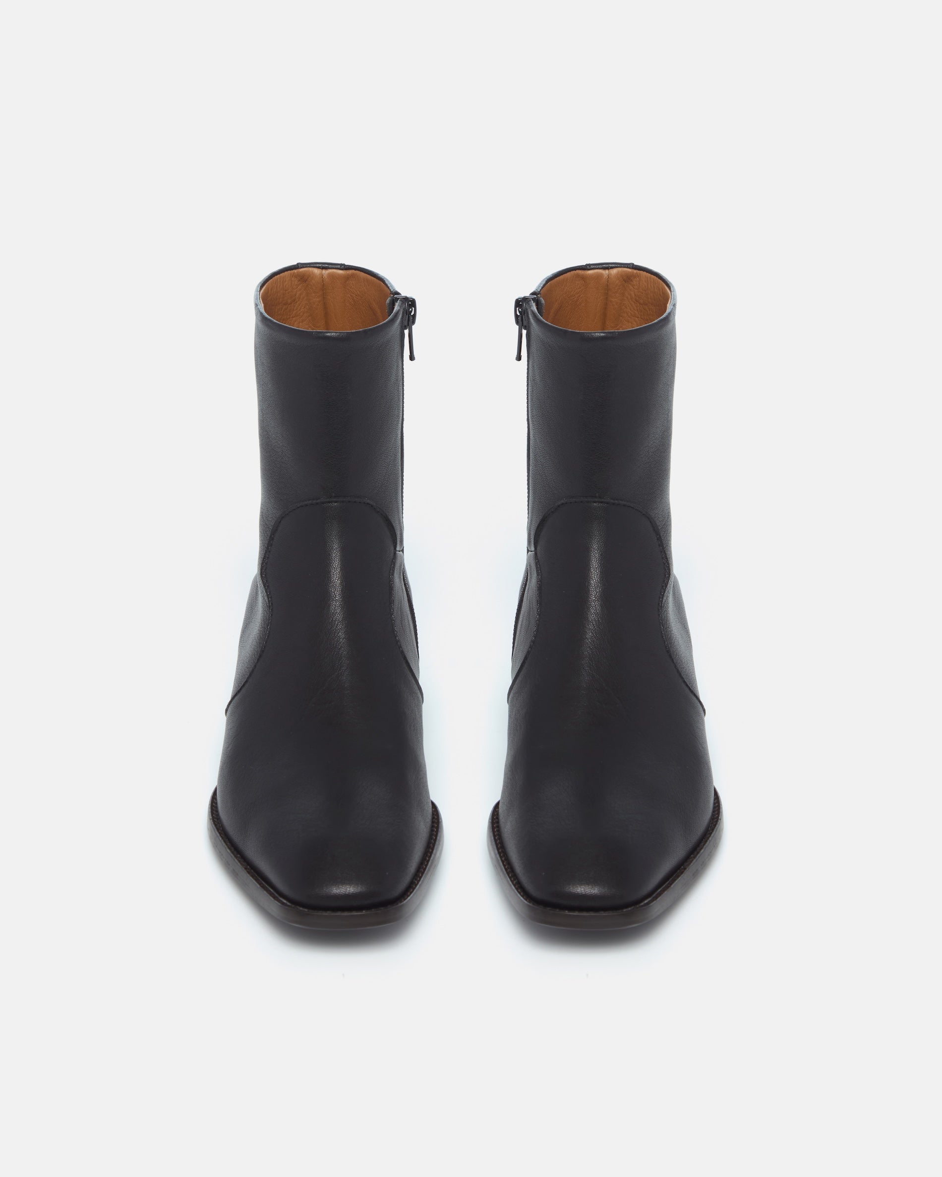 Pair of Coclico Hopper Boots in black leather, front view of flat square toe ankle boots