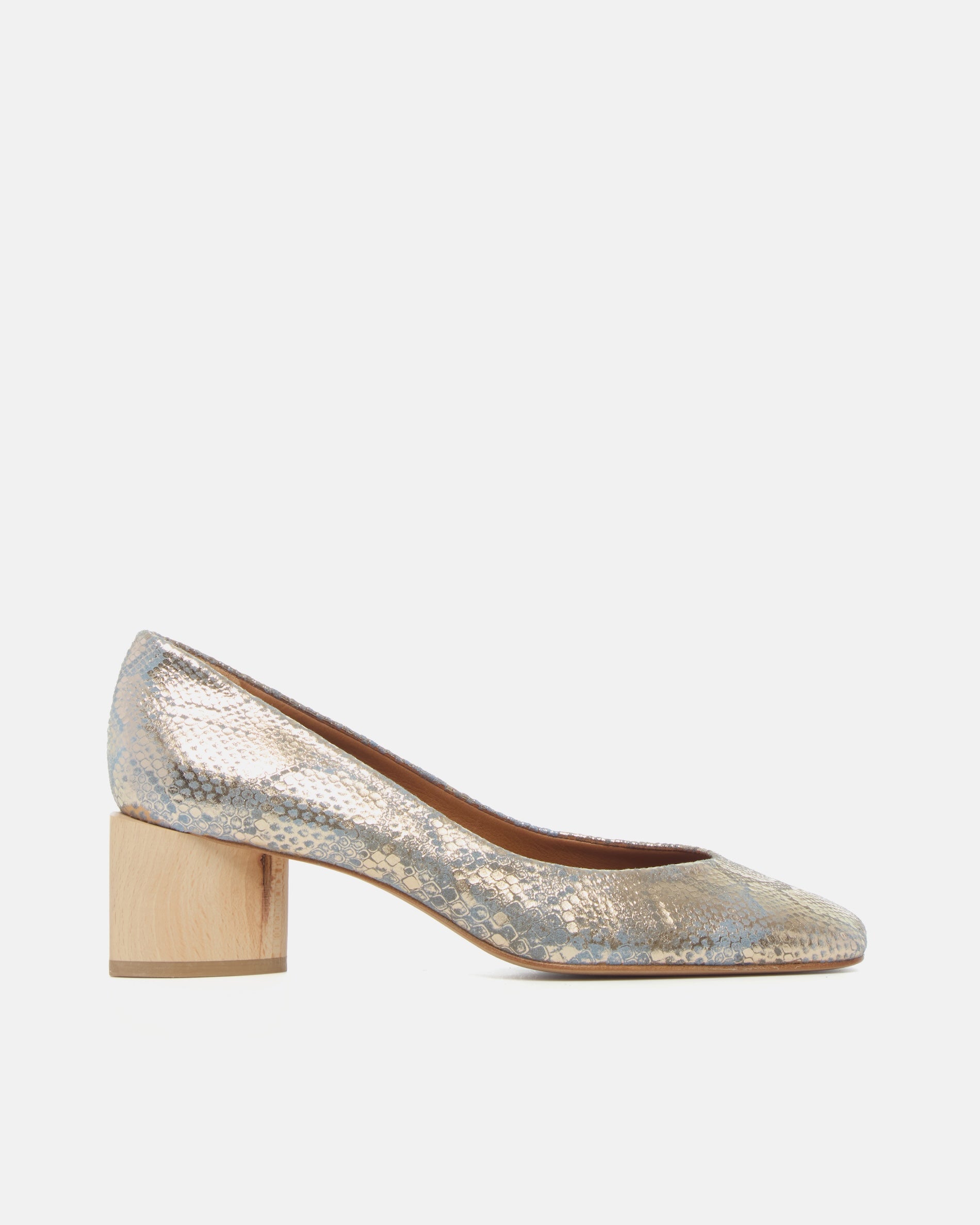Side view of an opal blue python-print leather pump with a square toe and a solid architectural wood block heel on a white background
