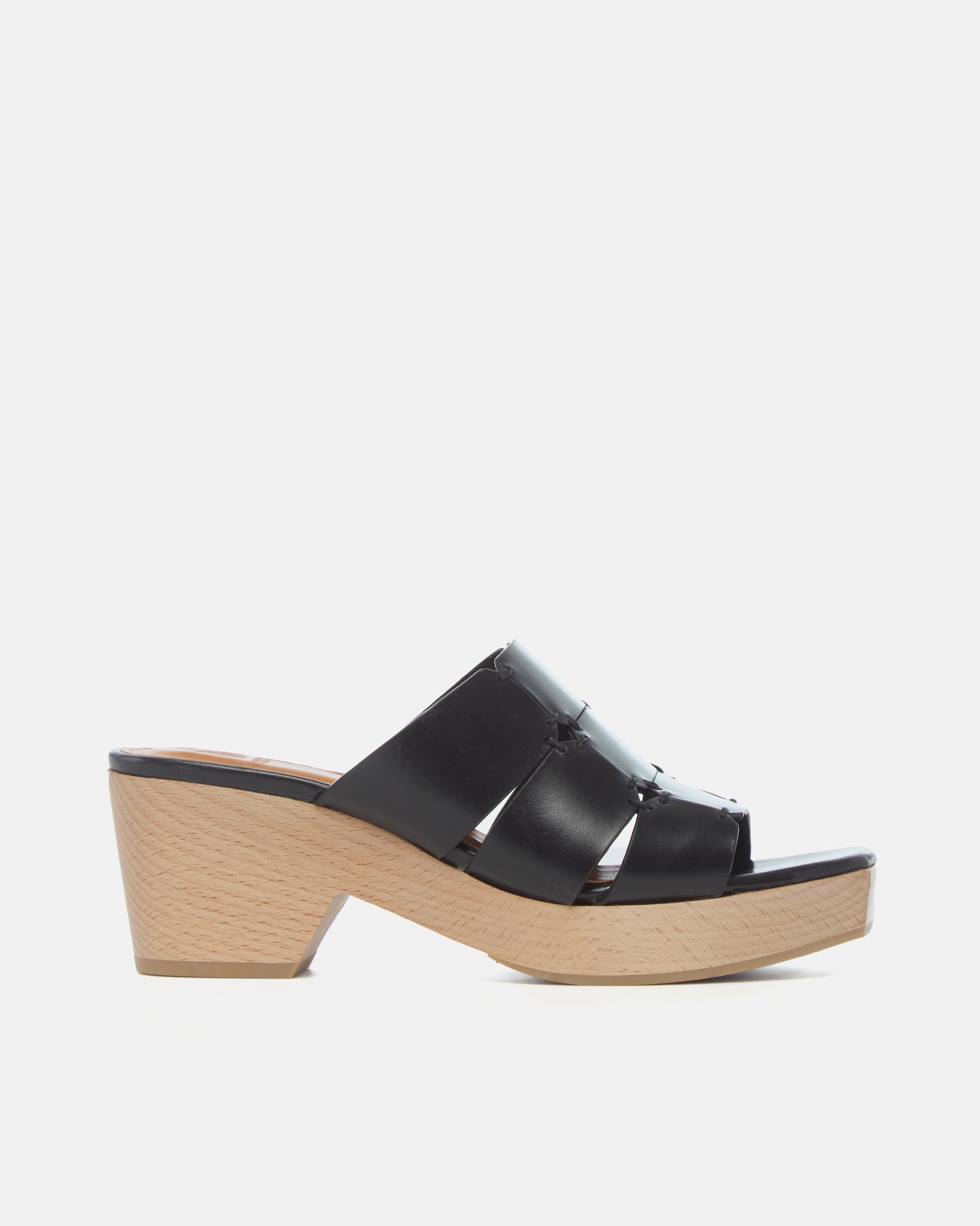Side view of a clog sandal in black leather featuring linked straps, wooden heel, and open toe slip-on design