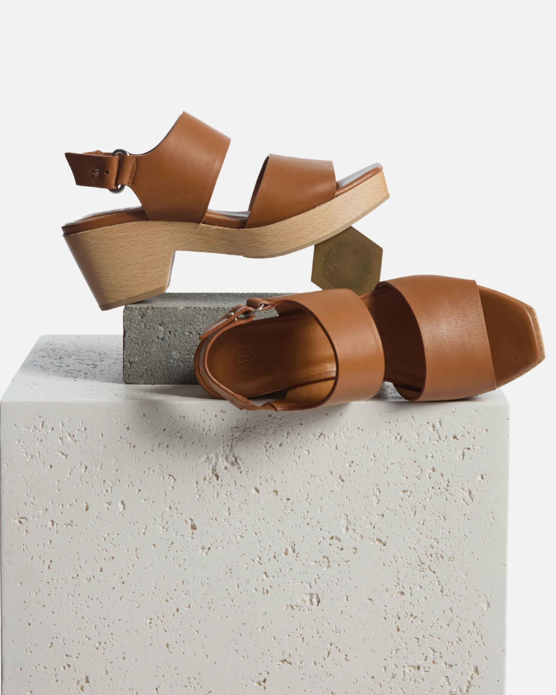 Clogs on a plinth: mid-brown leather clog sandals with two wide straps, an adjustable ankle buckle, and a wooden block heel.