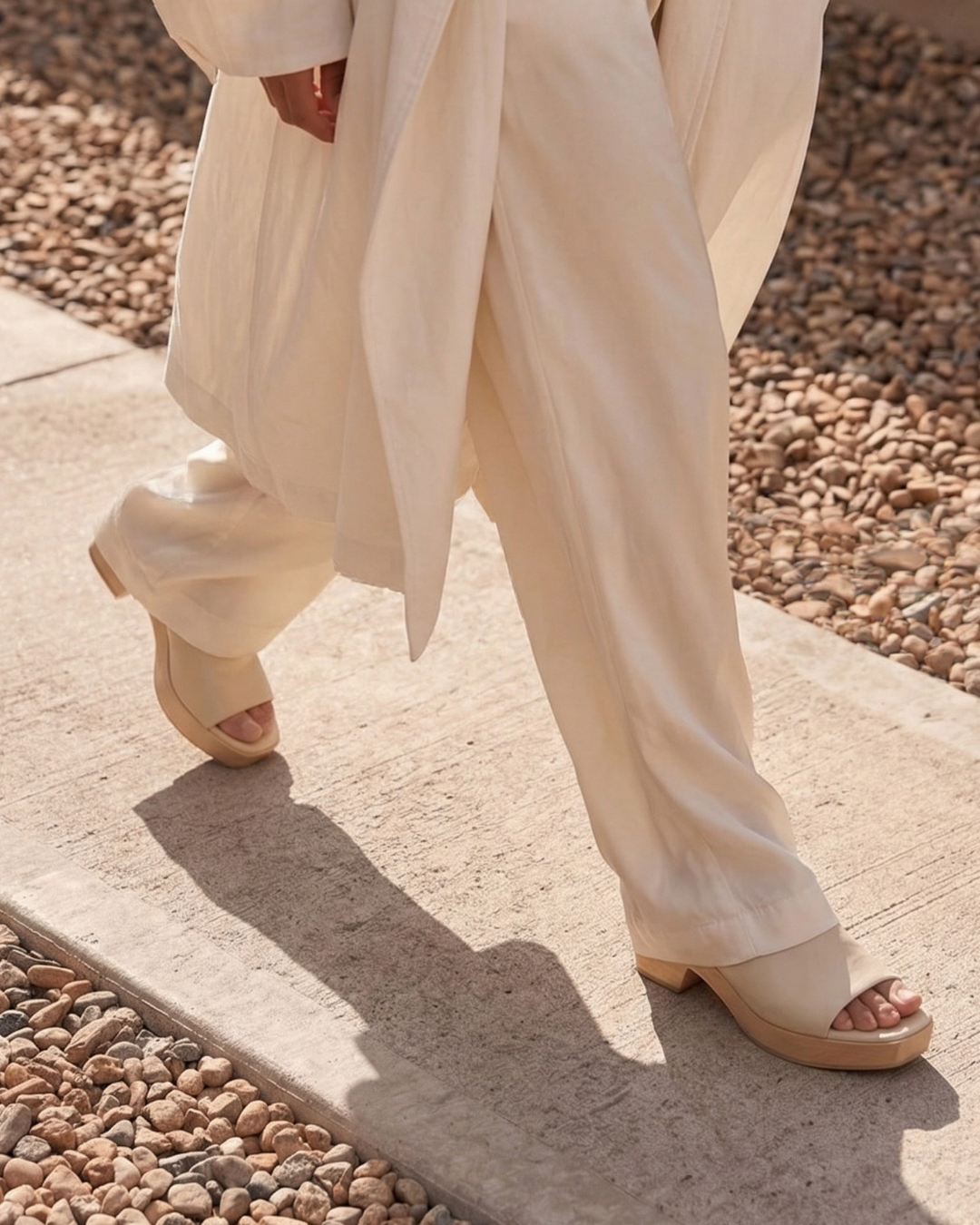 legs of woman wearing cream silk satin pants and creamy white clog asndals walking on a sunny path