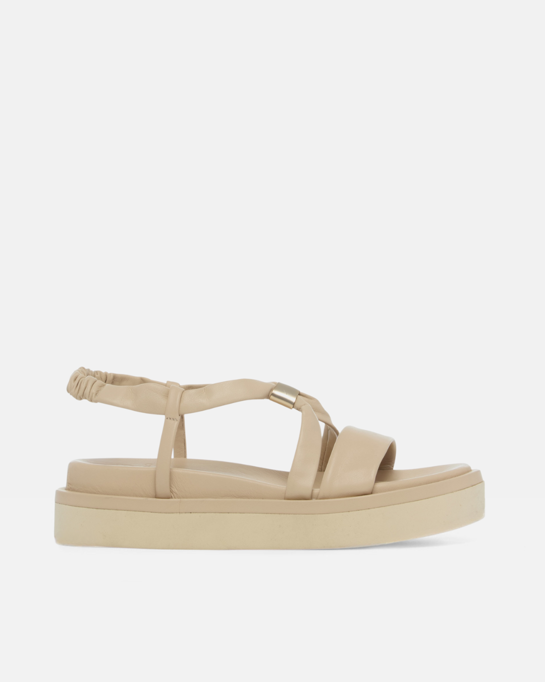 Side view of a milky white leather slingback footbed sandal with soft tubular straps, brushed-metal keeper detail, and a cushioned platform sole on a white background