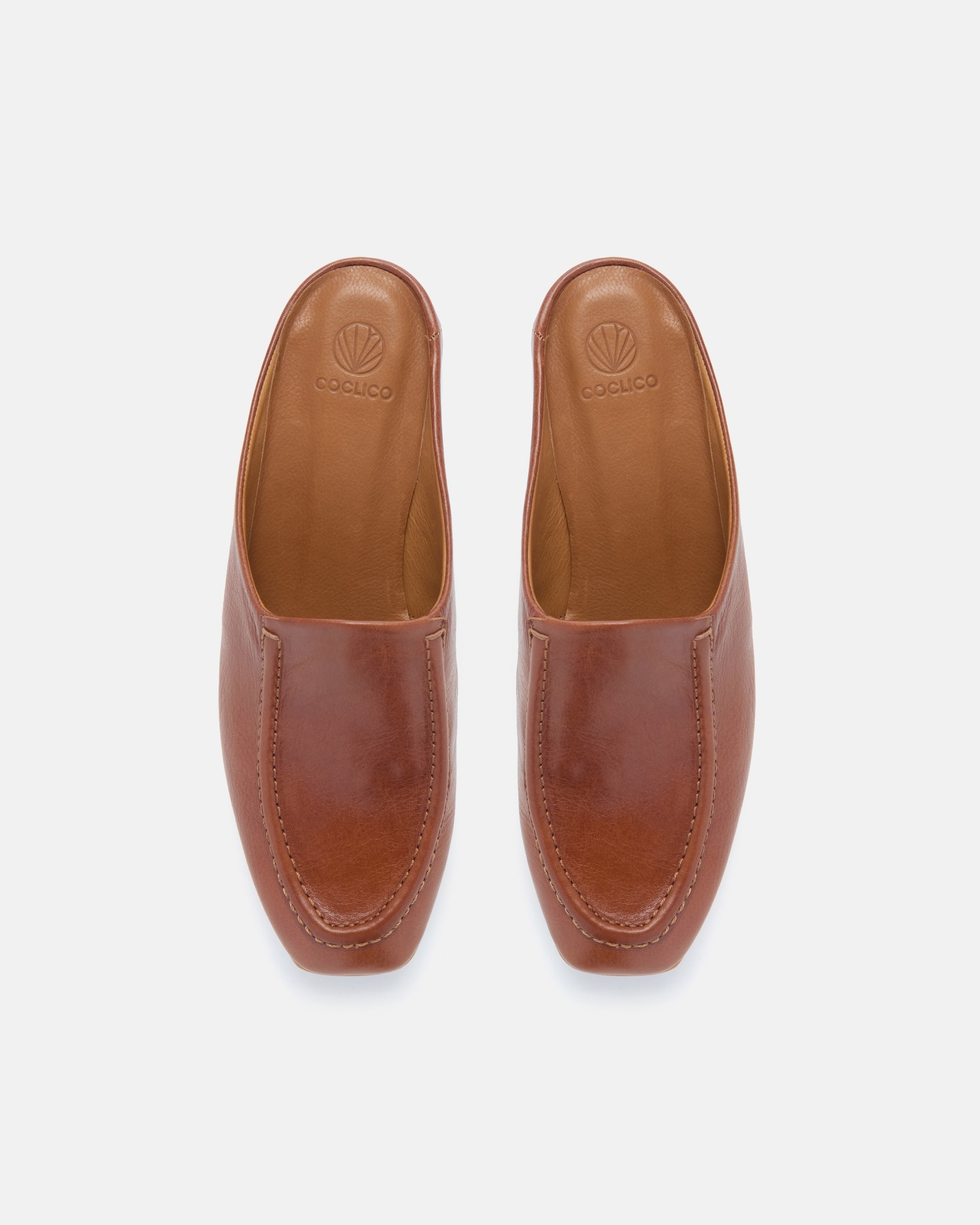 Pair of Coclico Qadira Clogs in Cuero tan leather, top view of closed toe clog mules