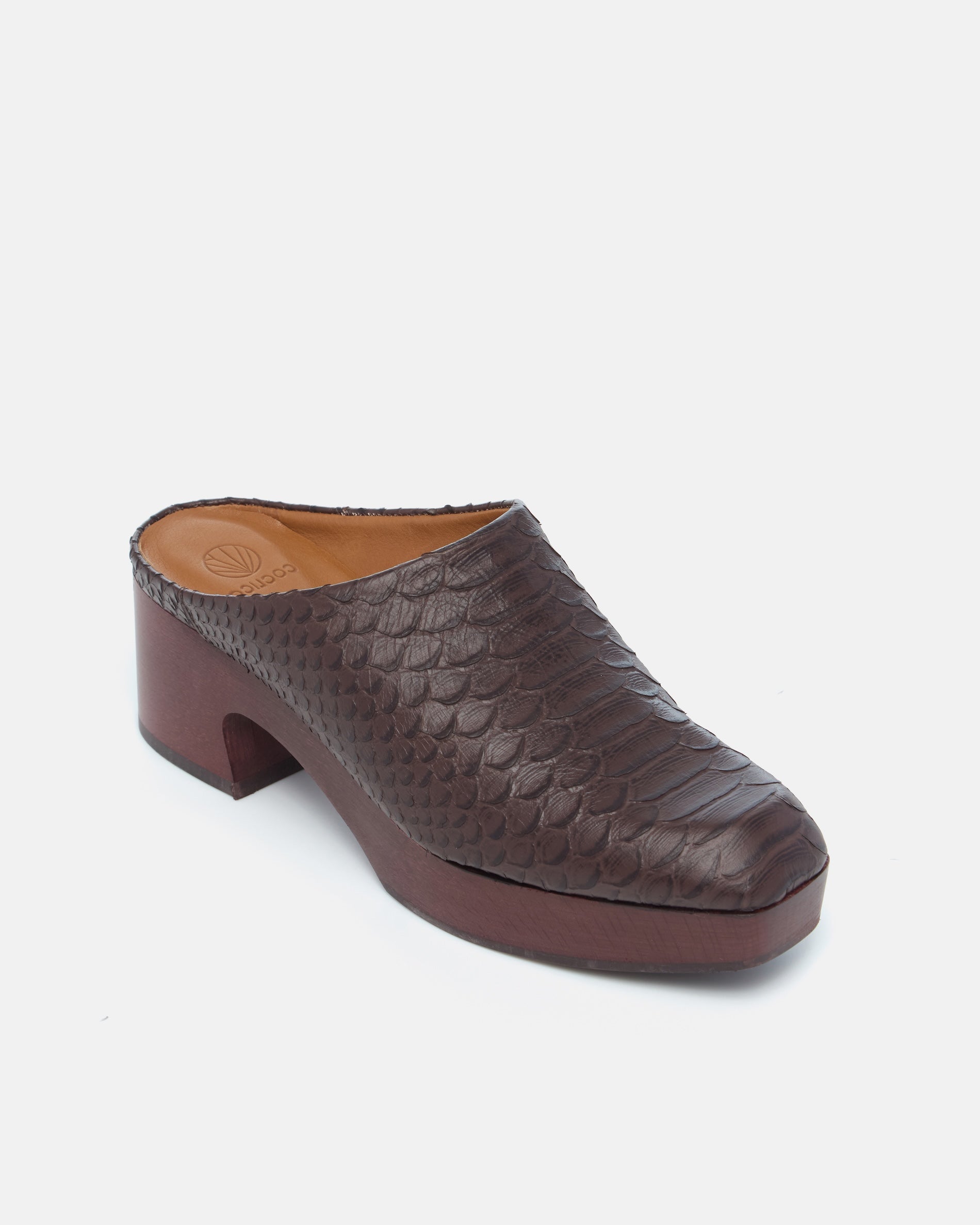Coclico Quilla Clog in espresso snake embossed leather, angled view of the closed toe and clog base