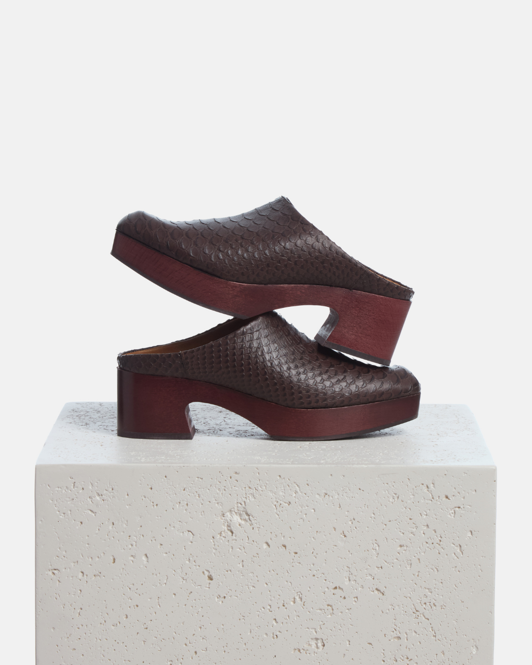 Coclico Quilla Clog in brown snake embossed leather, clog mules on mahogany bases styled on a stone plinth
