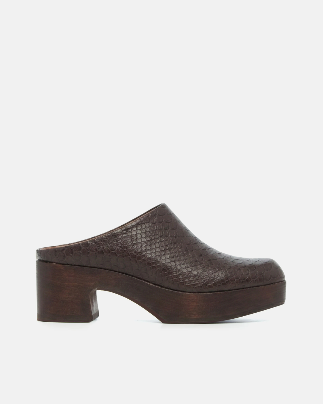 Coclico Quilla Clog in brown snake embossed leather, a closed toe clog mule on a platform heel