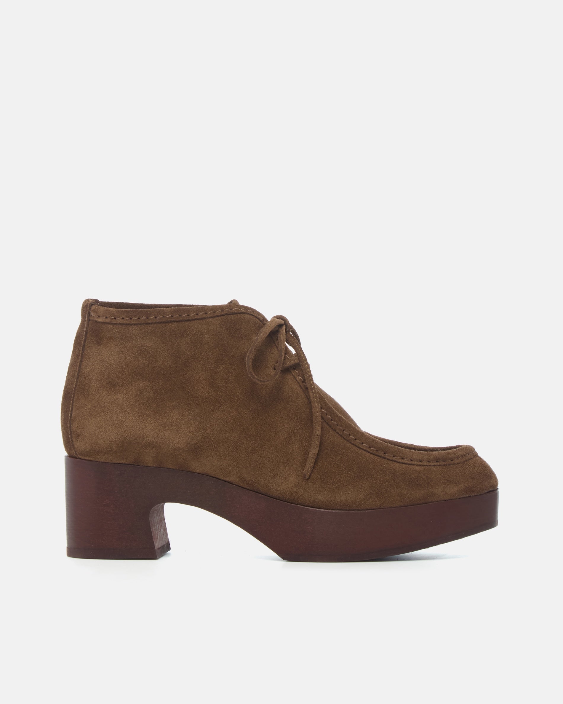 Coclico Quiterie Clog Boot in Cowgirl split suede, side view of a lace up boot with clog platform heel