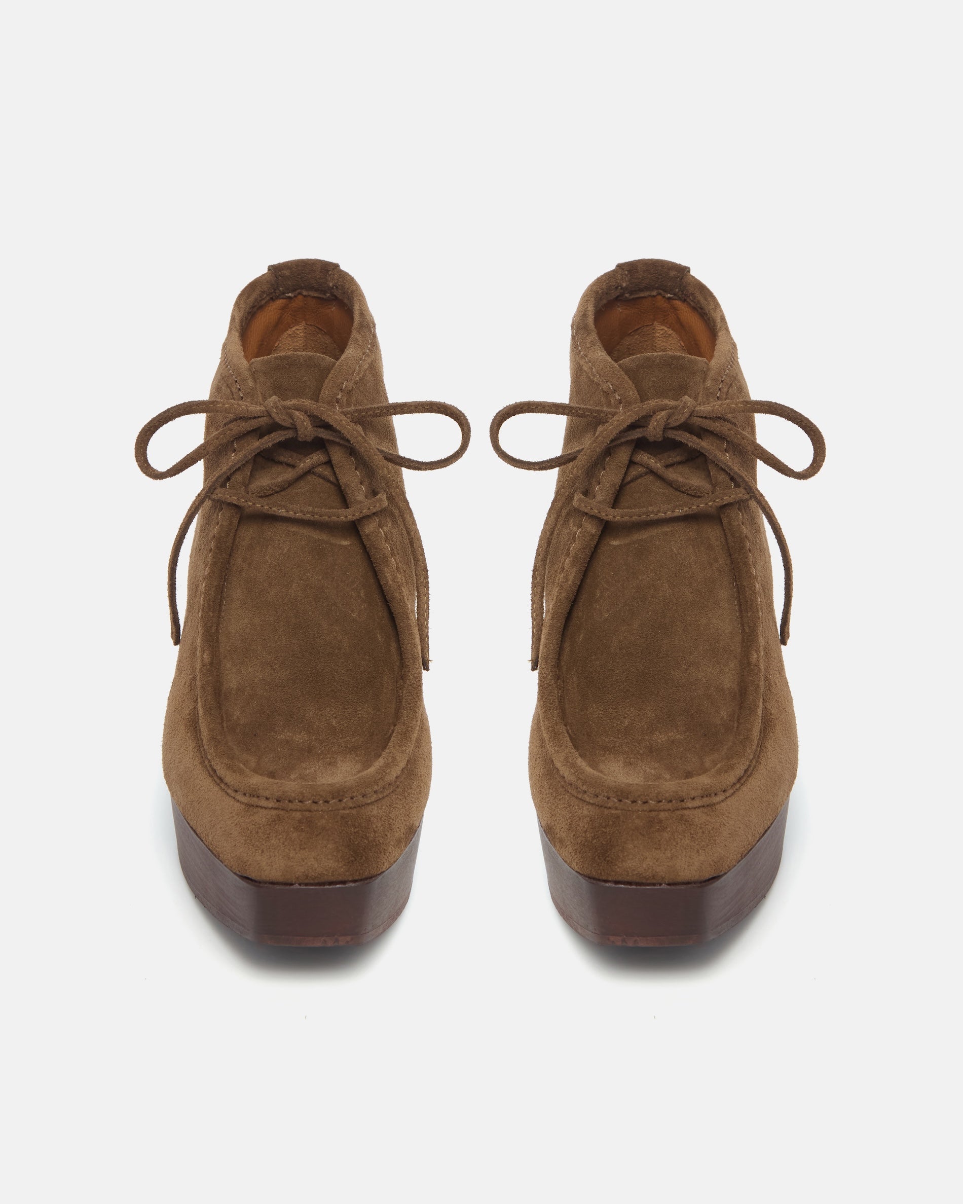 Pair of Coclico Quiterie Clog Boots in Cowgirl split suede, top view of lace up moc toe boots