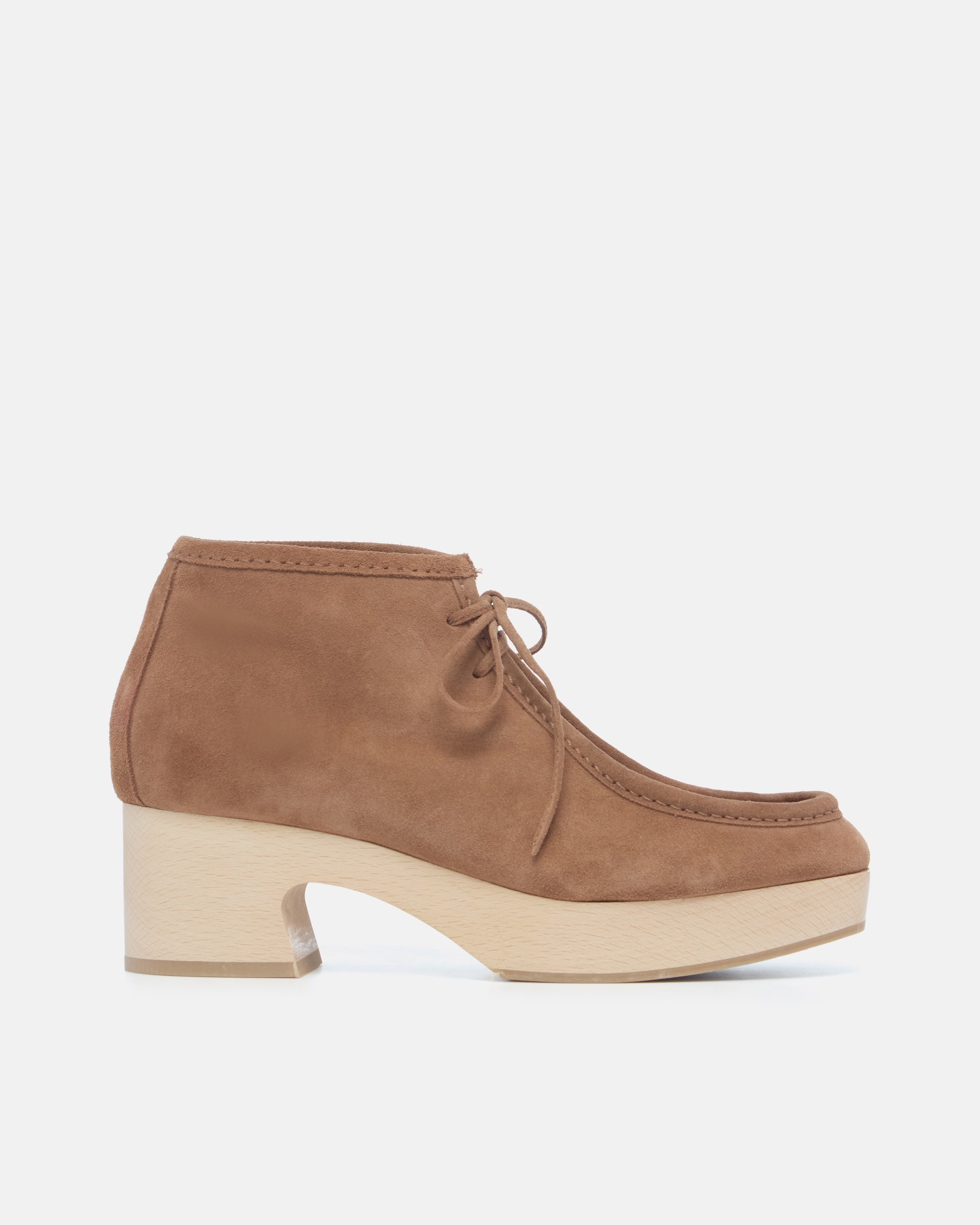 Coclico Quiterie Clog Boot in Dust split suede, side view of a lace up moc toe boot on a natural clog base