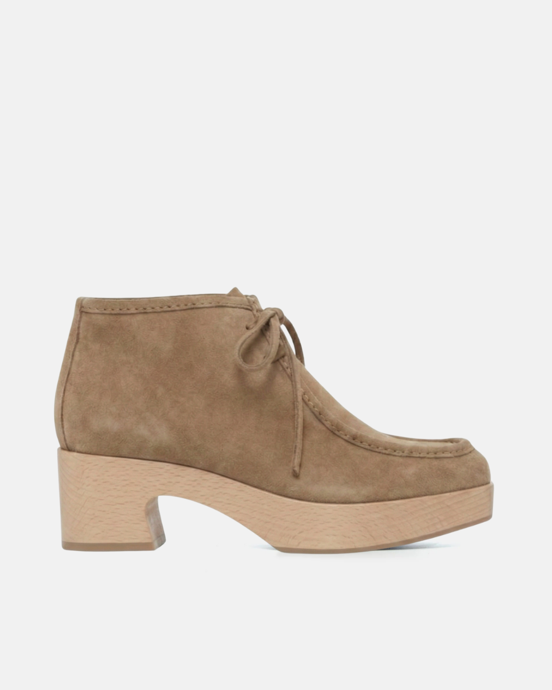 Coclico Quiterie Clog Boot in Dust split suede, a pale grey-beige lace up moc toe boot on a clog platform heel
