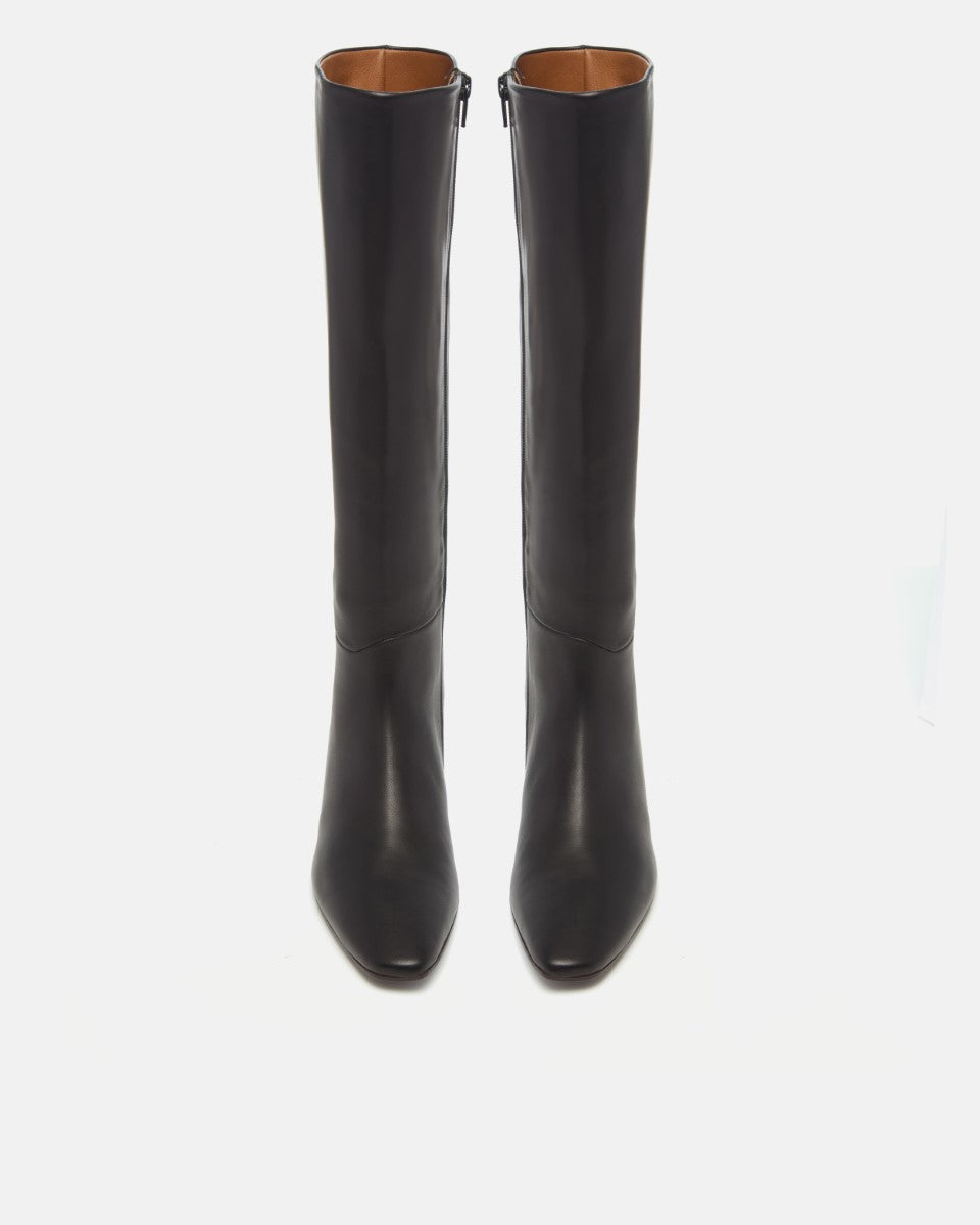 Pair of Coclico Sirleaf Boots in black leather, front view of knee high boots with cone heels