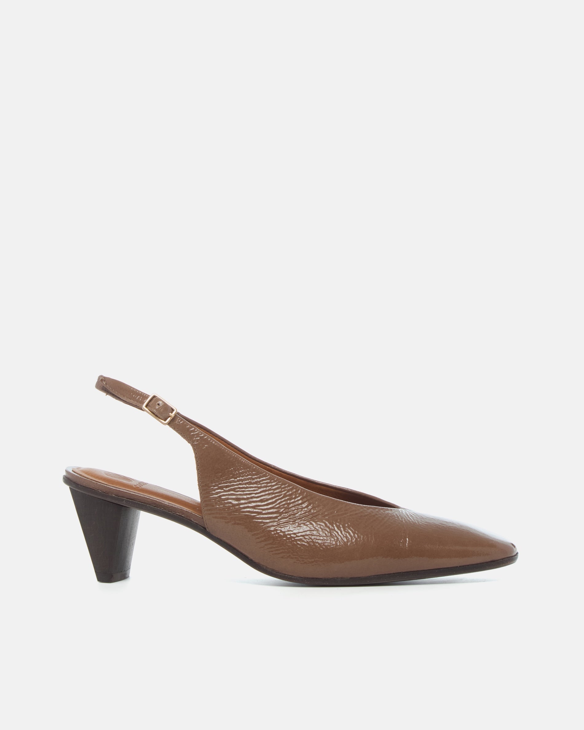Coclico Sontag Slingback Pump in Boue crinkled patent, side view with sculpted cone heel