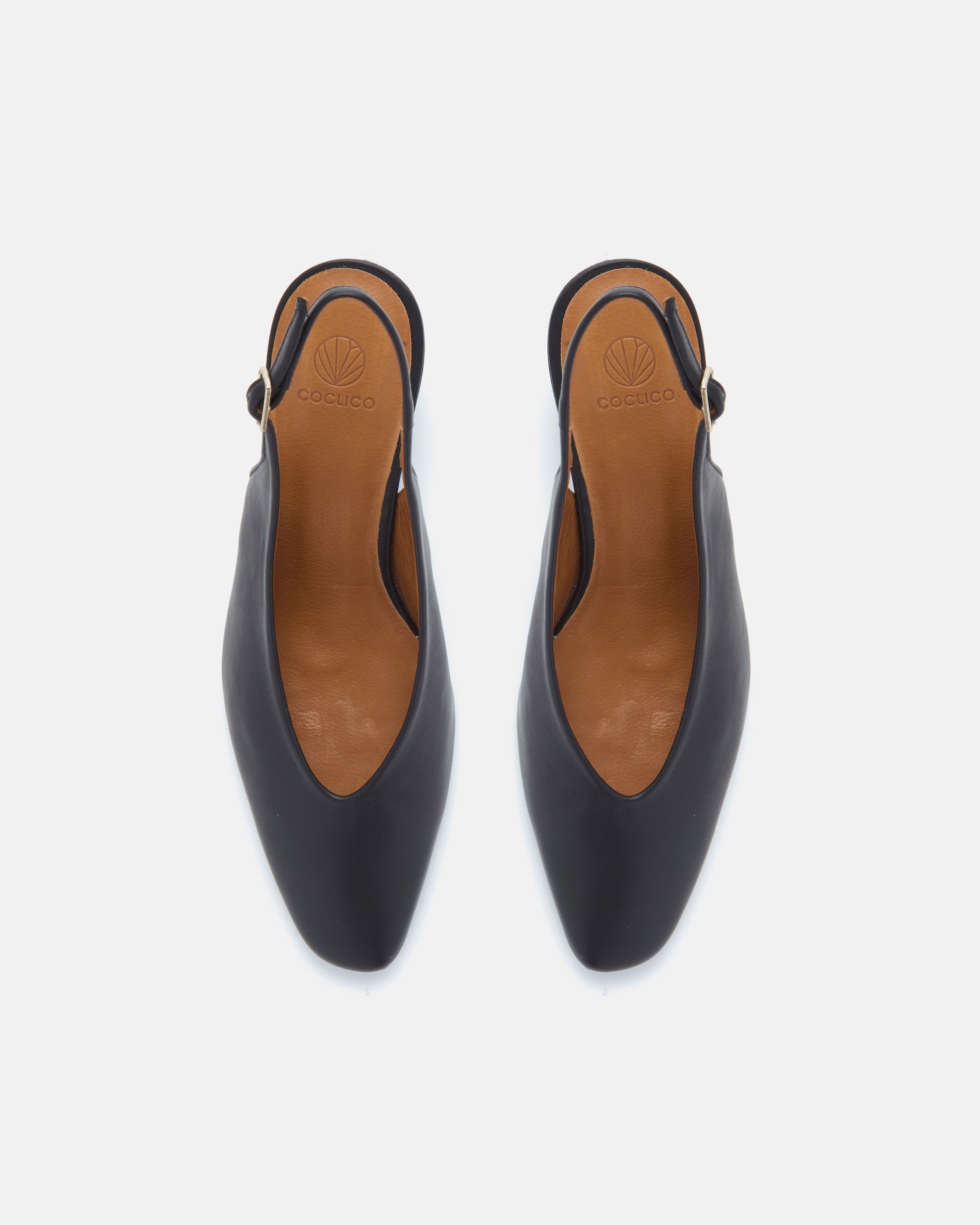 Pair of Coclico Sontag Slingback Pumps in black leather, top view of pointed toe slingbacks