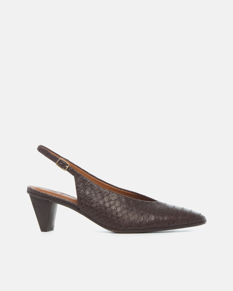 Coclico Sontag Slingback Pump in brown snake embossed leather, side view with cone heel