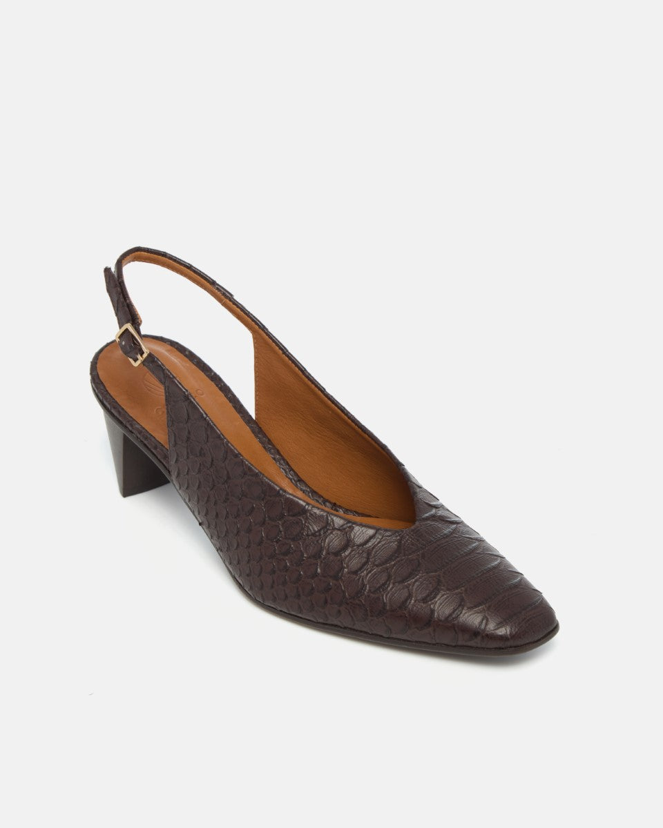 Coclico Sontag Slingback Pump in espresso snake embossed leather, angled view