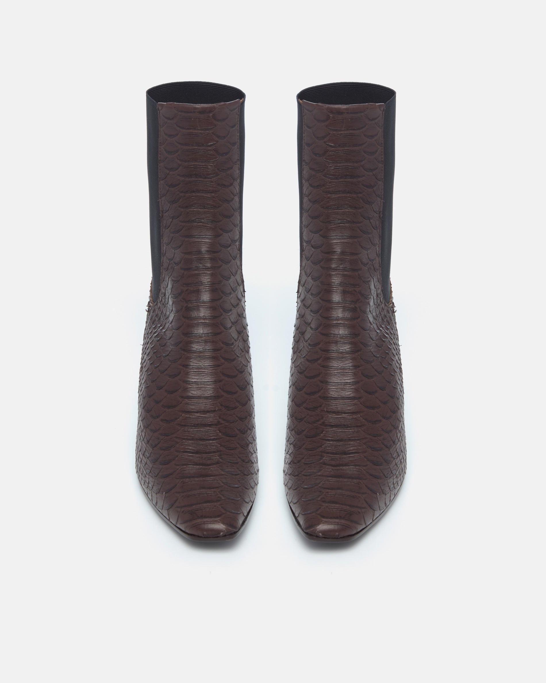 Pair of Coclico Suttner Boots in espresso snake embossed leather, front view of mid calf Chelsea boots
