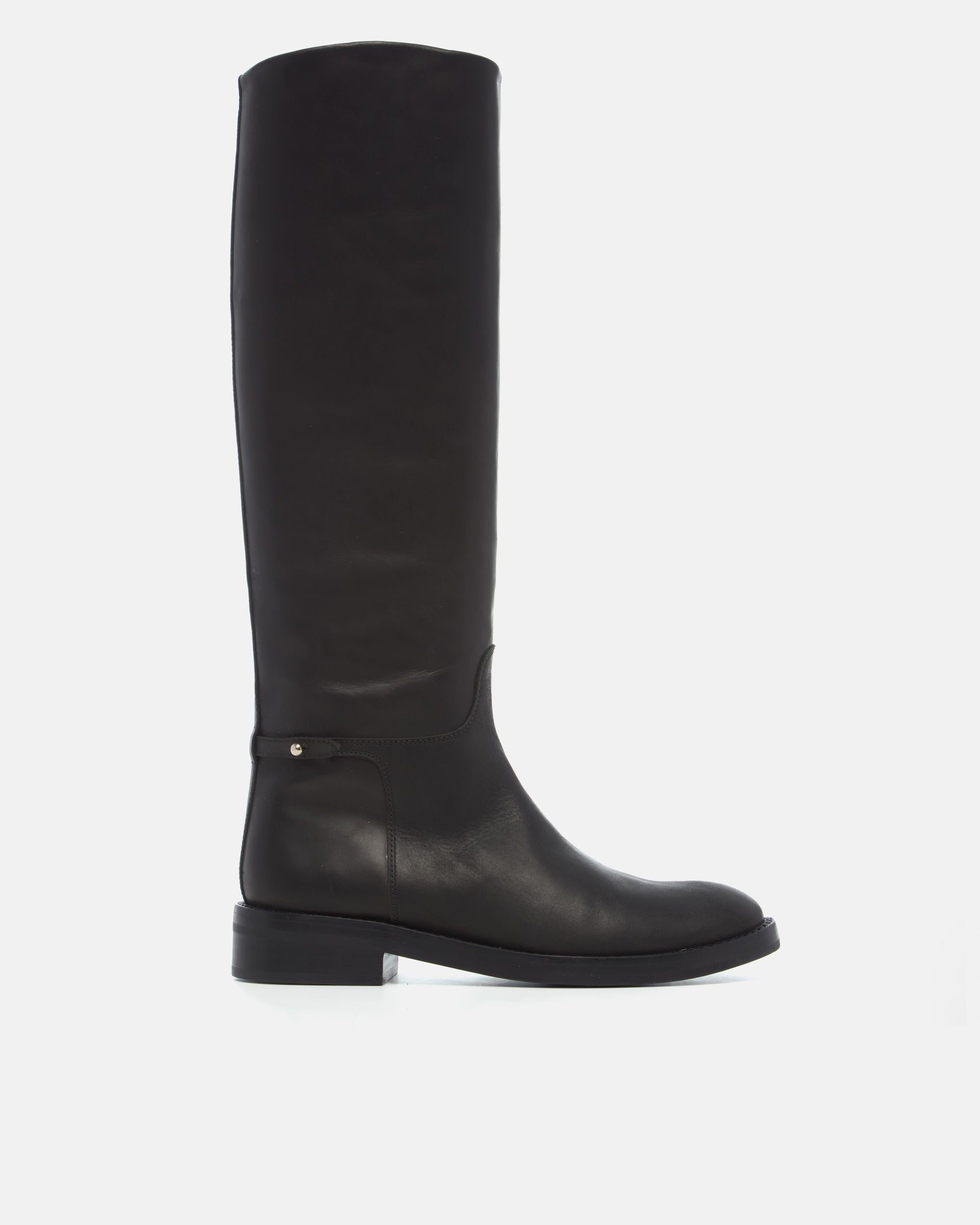 Coclico Tabei Boot in black leather, side view of a flat knee high riding boot with buckle tab