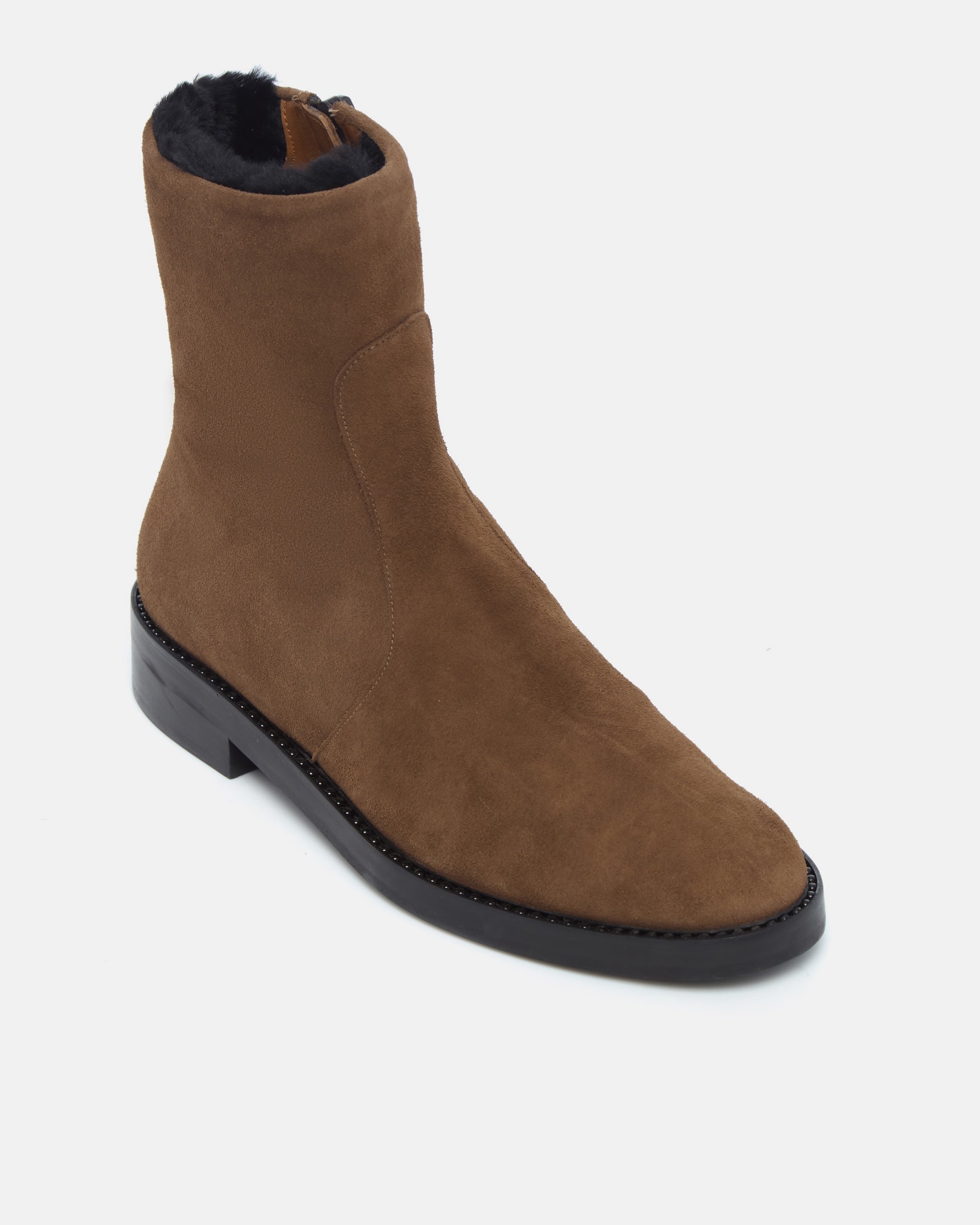 Coclico Theo Shearling Boot in Cowgirl split suede, angled view of the round toe and shearling collar