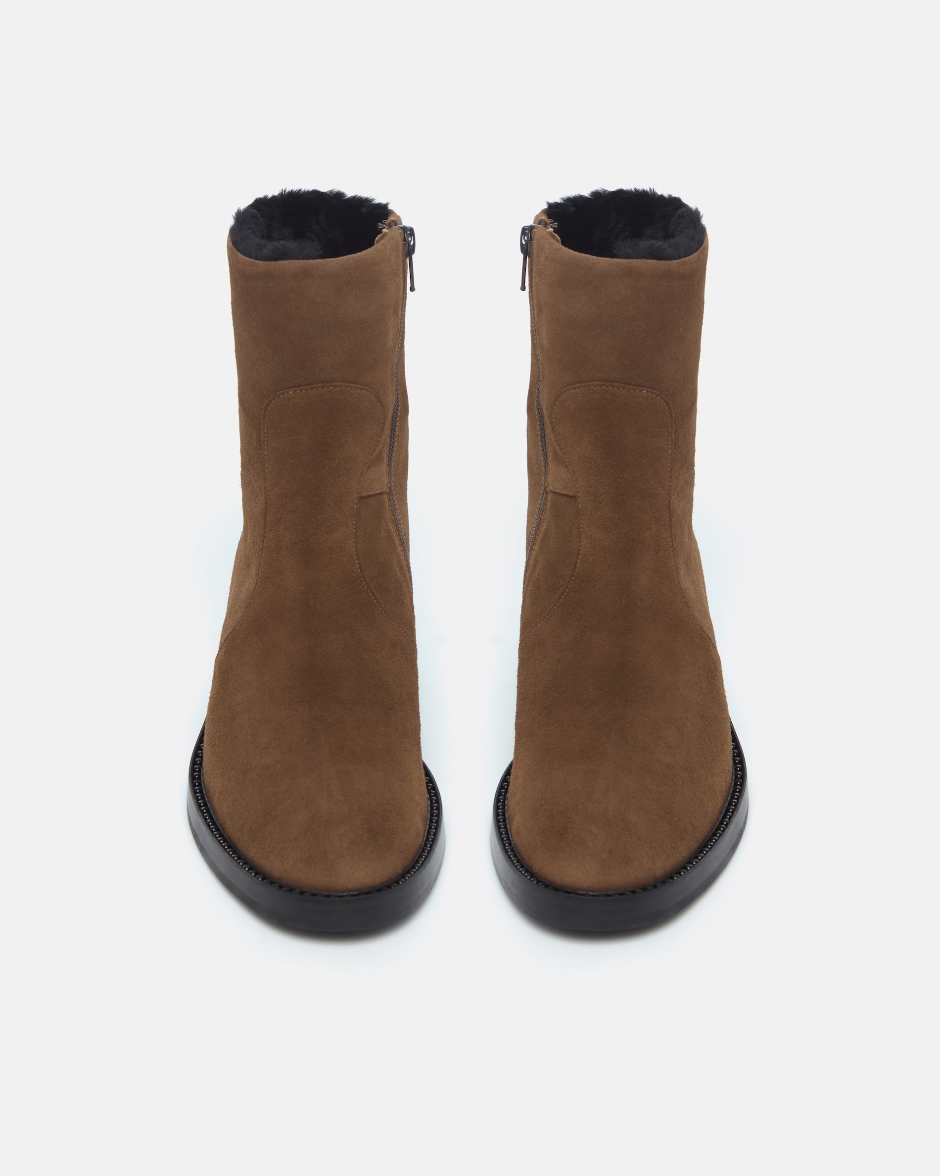 Pair of Coclico Theo Shearling Boots in Cowgirl split suede, front view of flat shearling lined boots