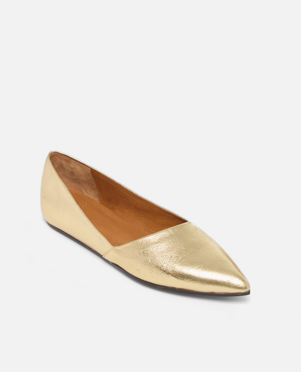 Gold pointed-toe flat shoe on a white background