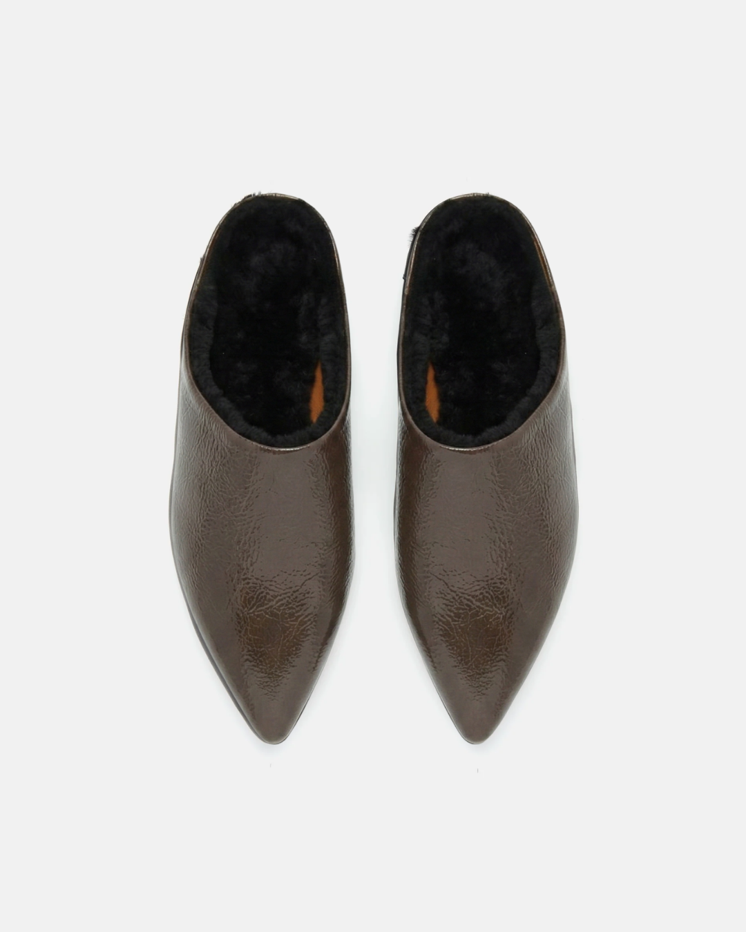 Coclico Dia Shearling Slide in Moule crinkled patent, a dark mushroom grey-brown pointed toe mule with shearling lining
