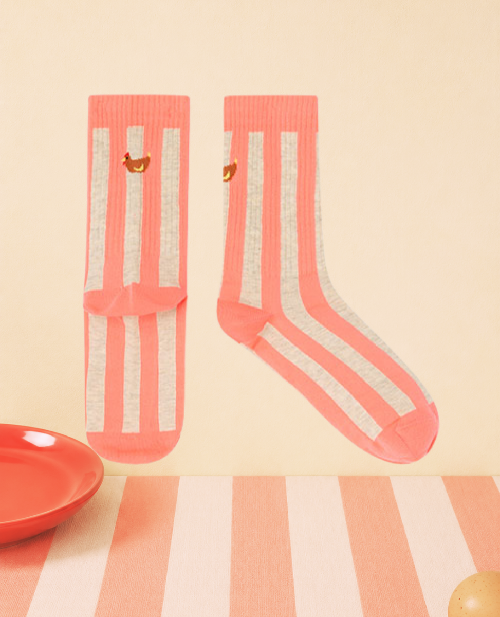 Dr Bloom Hen Socks in Pink, coral and beige marl vertical stripe cotton socks with an embroidered hen at the cuff
