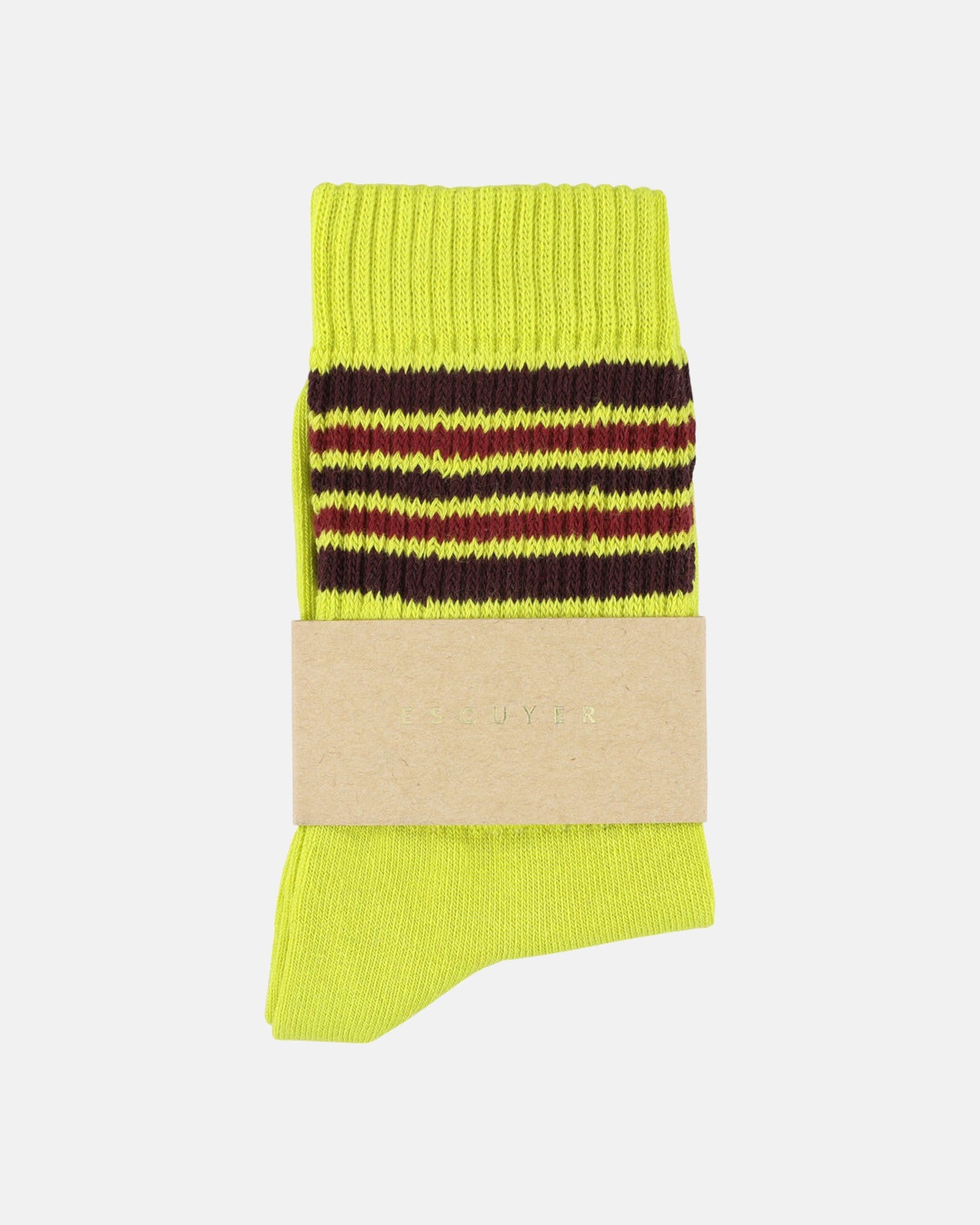 Escuyer yellow, bordeaux and wine 5 stripes socks detail