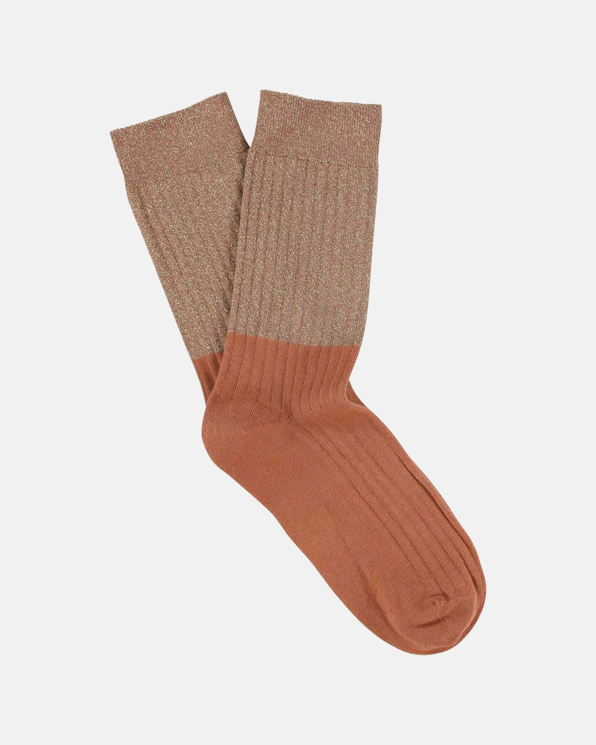 Escuyer women's Lurex block socks with a gold Lurex top and arabian spice foot on a light grey background