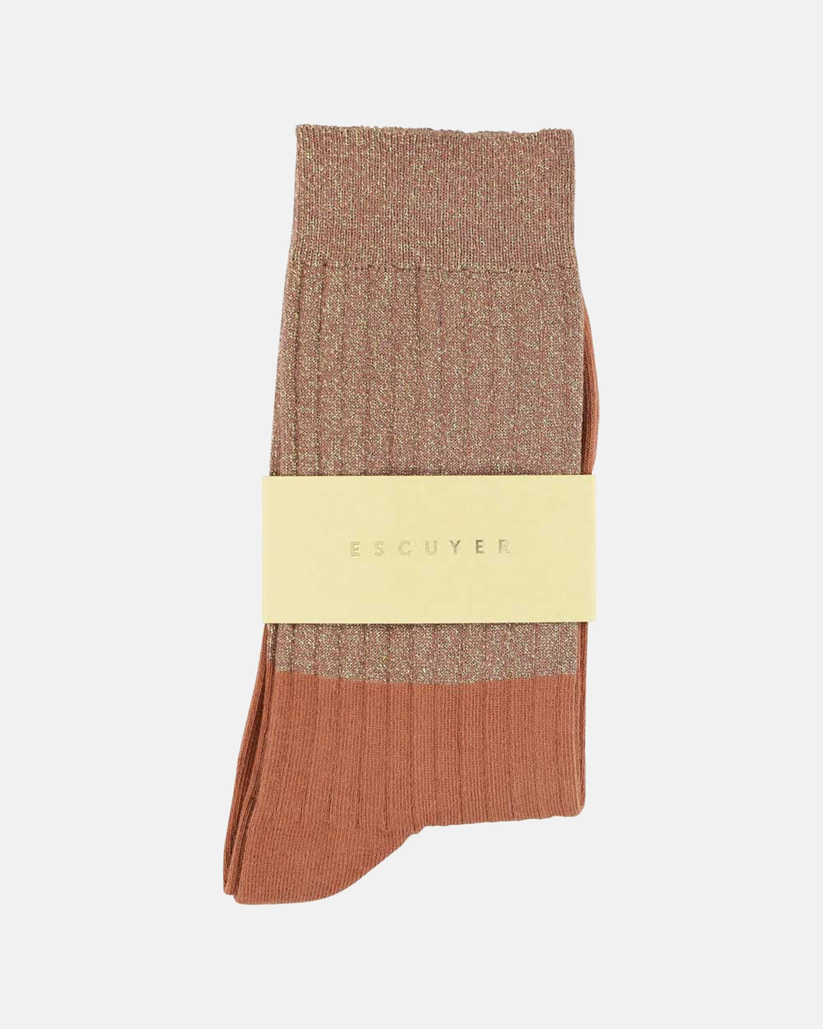 Escuyer arabian spice and gold Lurex socks folded with brand band on a light grey background