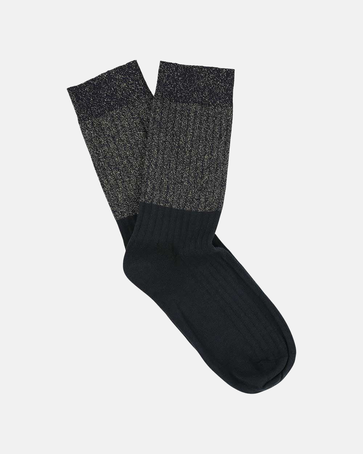 Escuyer women's Lurex block socks with a gold Lurex top and black foot on a light grey background