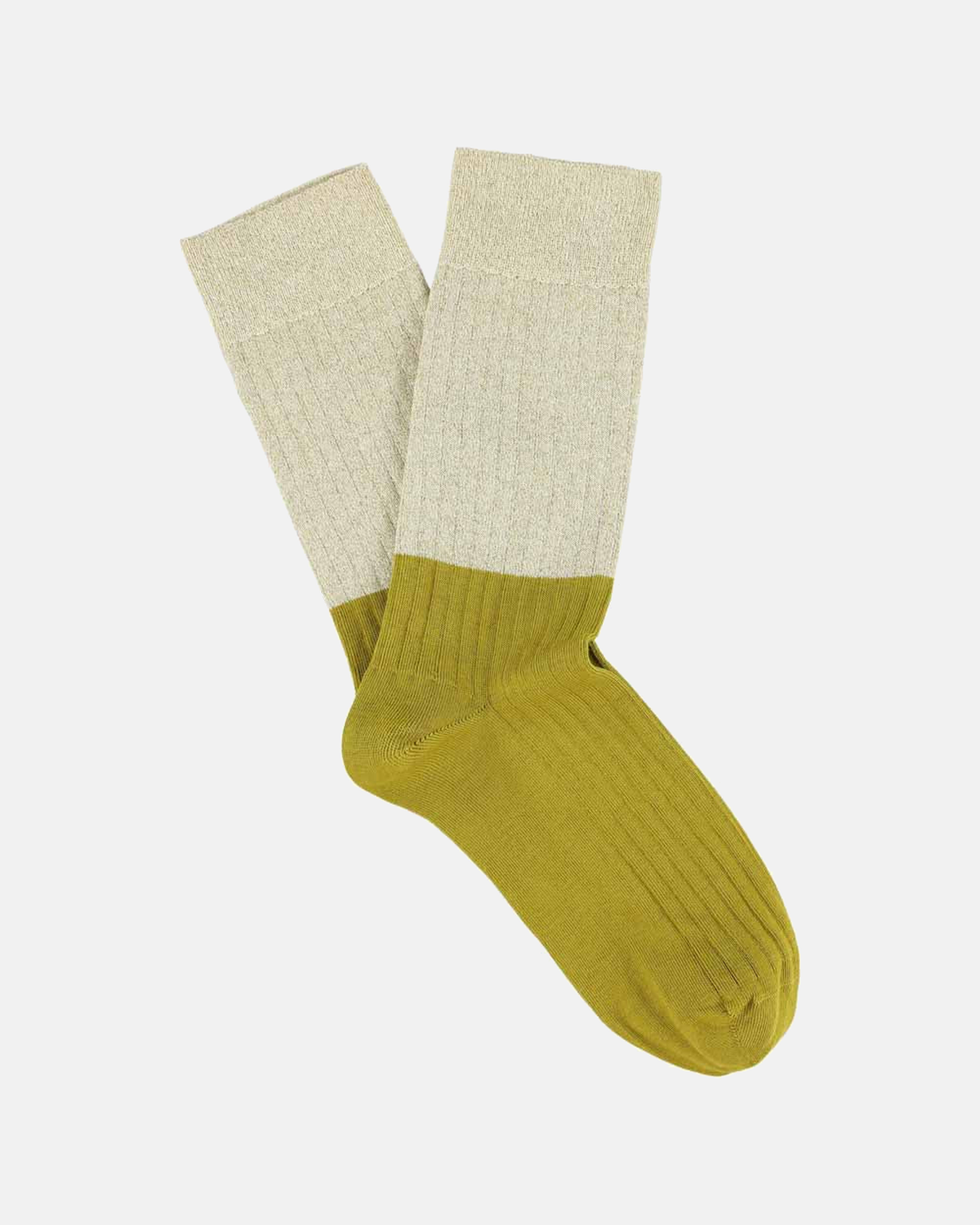 Escuyer women's Lurex block socks with a gold Lurex top and yellow foot on a light grey background