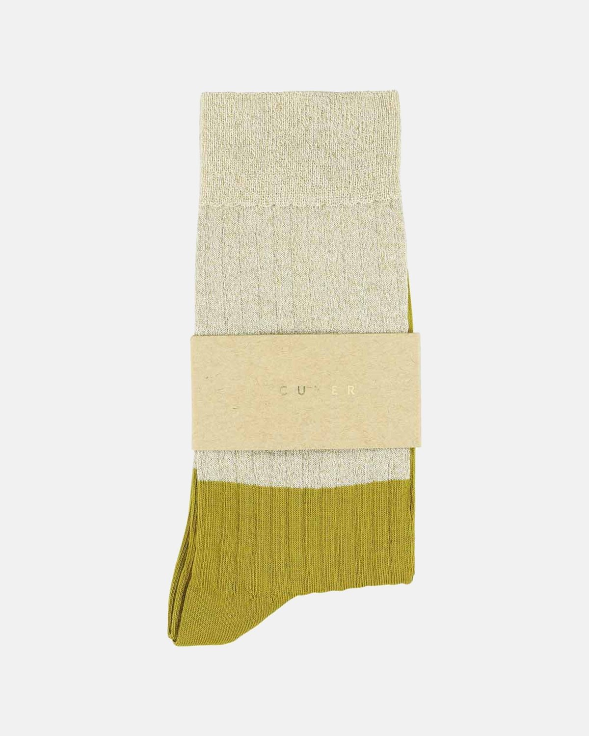 Escuyer yellow and gold Lurex socks folded with brand band on a light grey background
