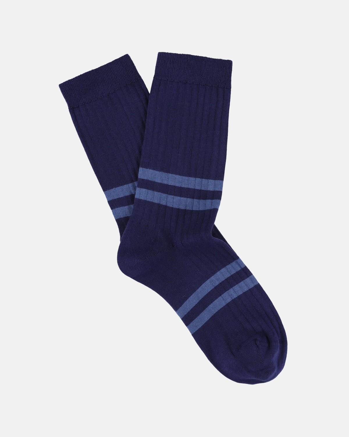 Escuyer women's striped socks in navy blue with light blue stripes on a light grey background