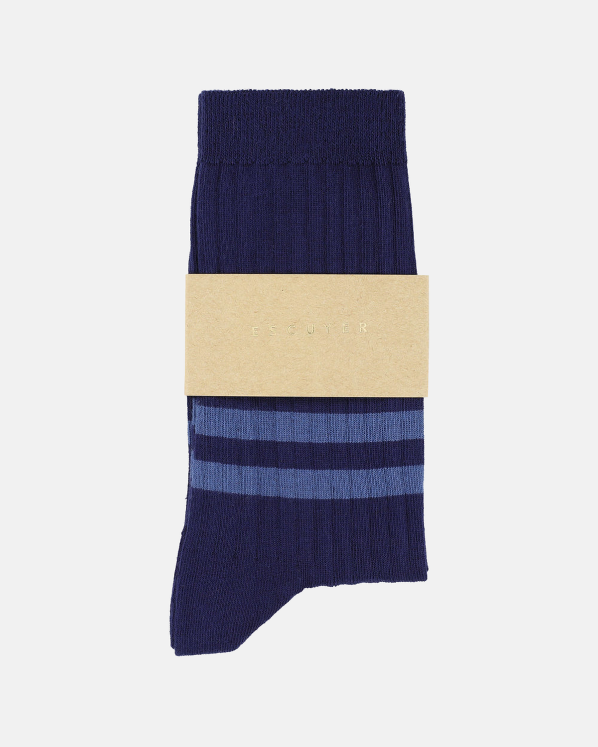 Escuyer blue and light blue socks folded with brand band on a light grey background