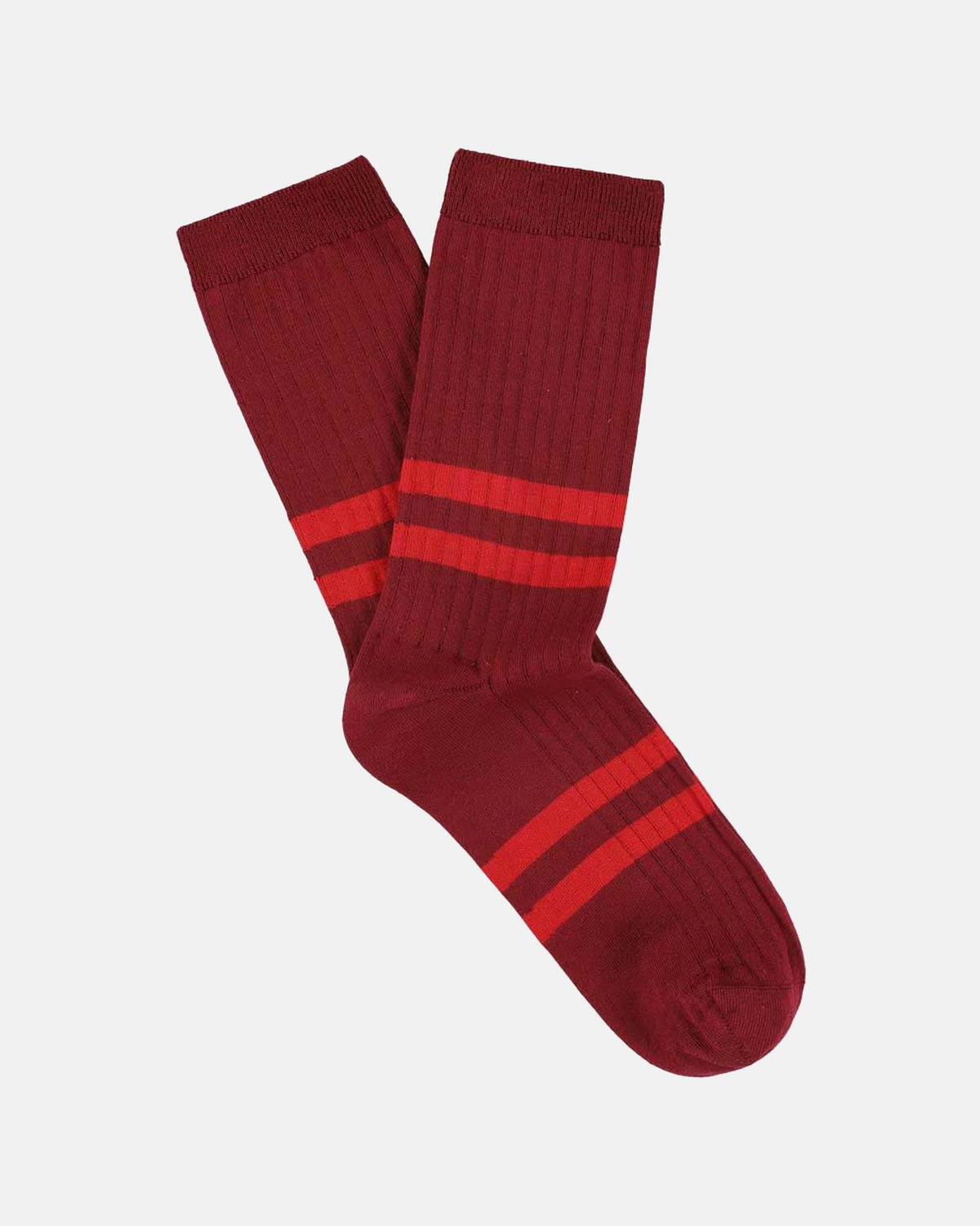 Escuyer women's striped socks in bordeaux with red stripes on a light grey background