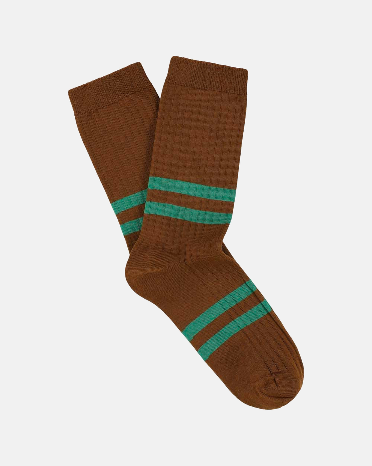 Escuyer women's striped socks in brown with green stripes on a light grey background