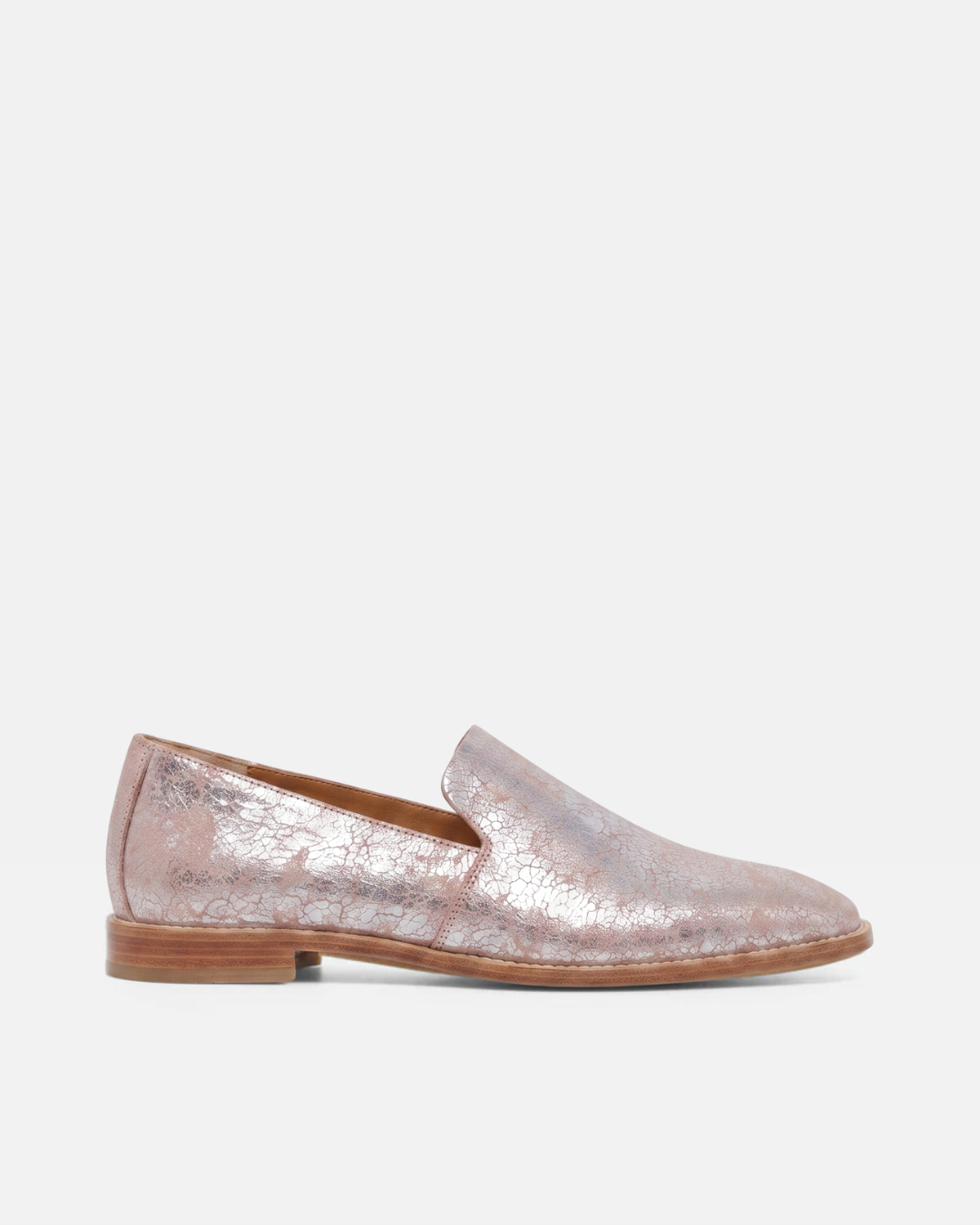 Silvery pink metallic loafer on a white background