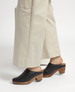 Black leather clogs with a wooden block heel and a soft, fur-lined interior, worn with beige wide-leg pants. 5