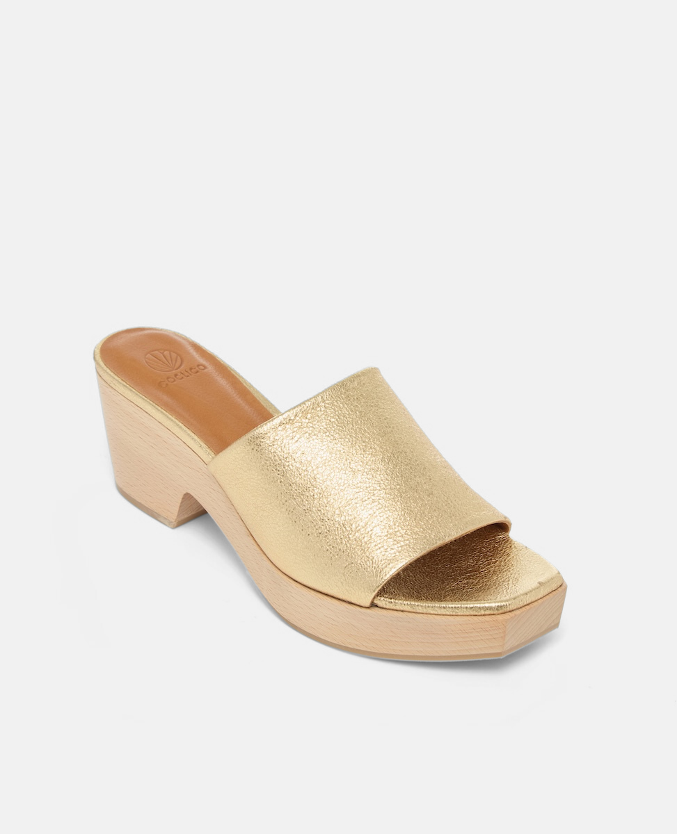 Gold suede leather women's wood clog slide sandal, angled view