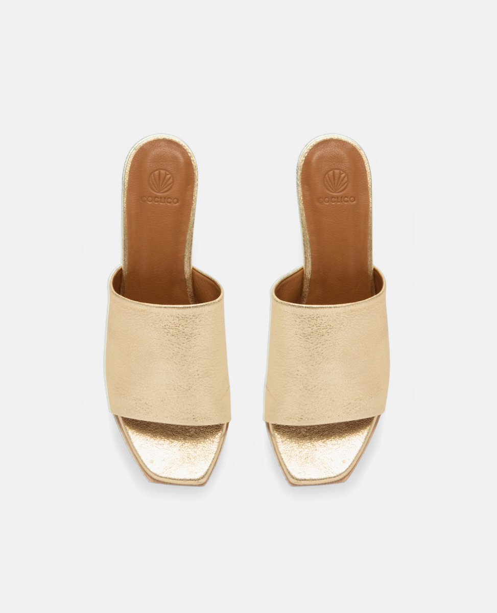Gold suede leather women's wood clog slide sandal, viewd from above