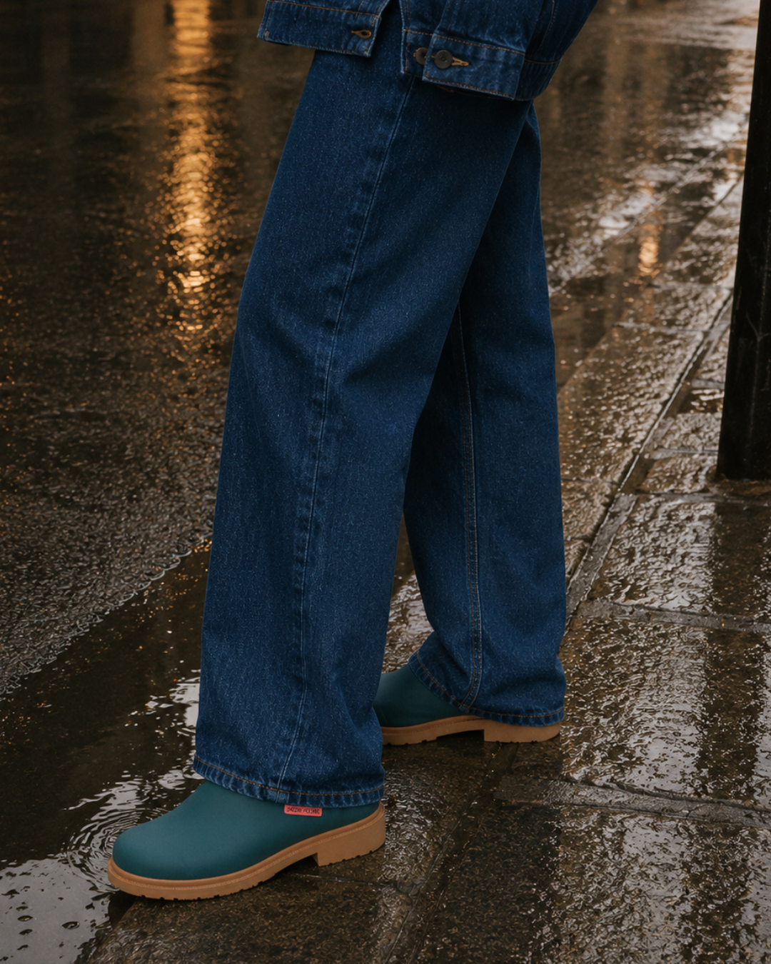 TEal Rain shoes by Merry Peaople worn wuth Jeans on a city street for Coclico