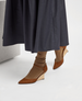Person wearing brown wedge shoes and a long dark coat on a light background 5