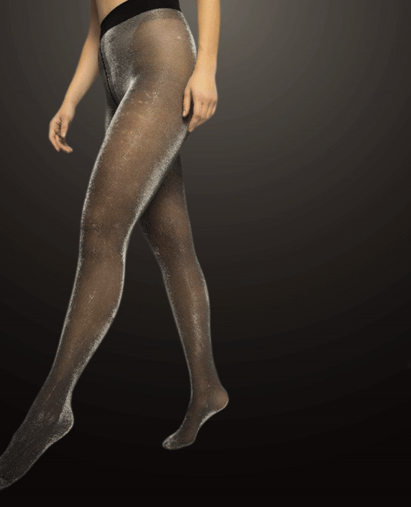 Sheer, shimmering black tights with a subtle metallic sheen, featuring a smooth texture and a snug fit.