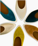 A collection of pointed-toe flats in a variety of colors including teal, white, mustard yellow, beige, and brown, featuring a smooth, suede-like texture and a sleek, minimalist design. 9