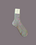 A single, mid-calf sock with a marbled pattern in pastel colors, featuring a blend of pink, green, and blue hues, made from a soft, knitted fabric, and attached to a white label at the top. 1