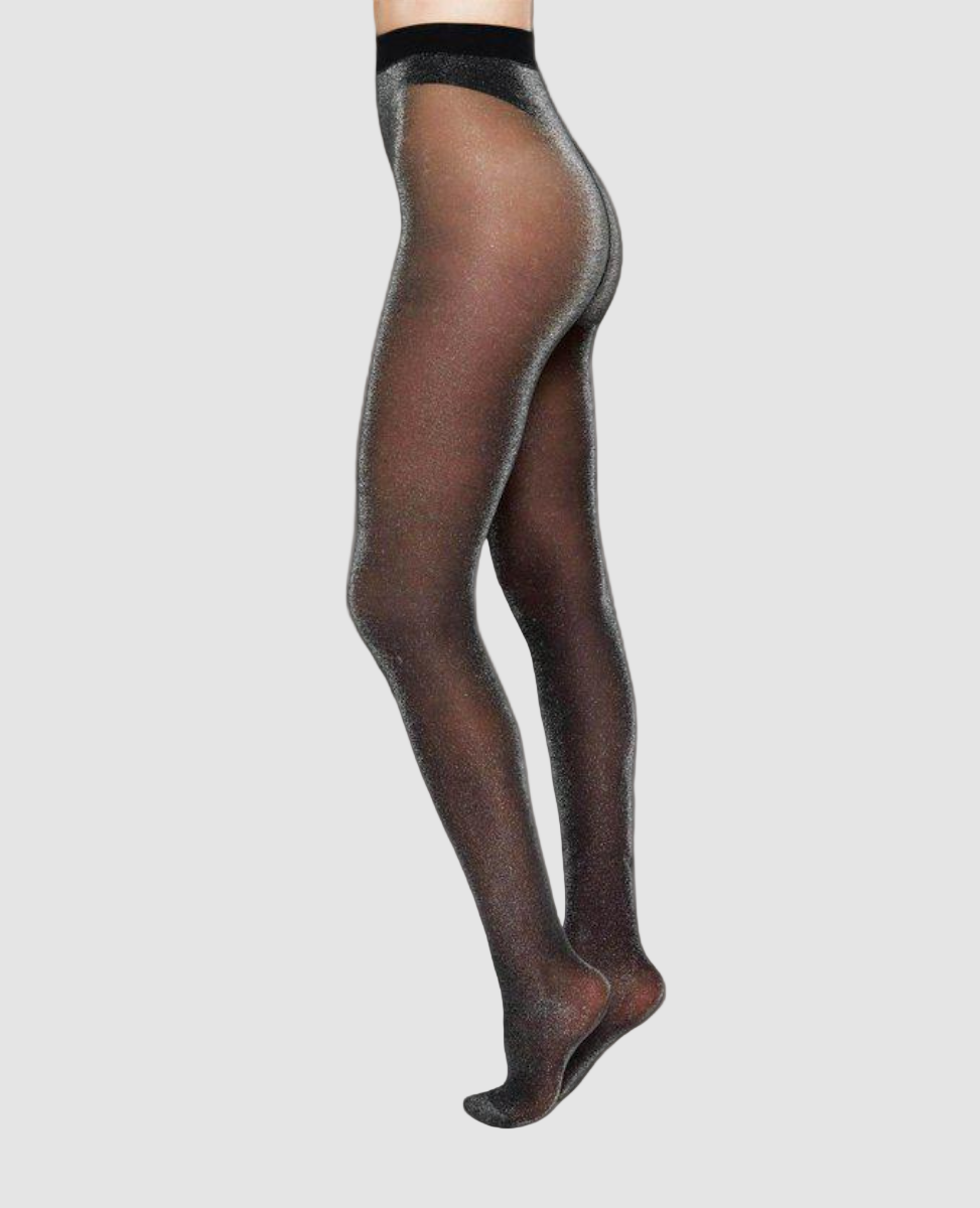 Sheer black tights with a subtle shimmer, featuring a smooth texture and a wide, opaque waistband for a secure fit.