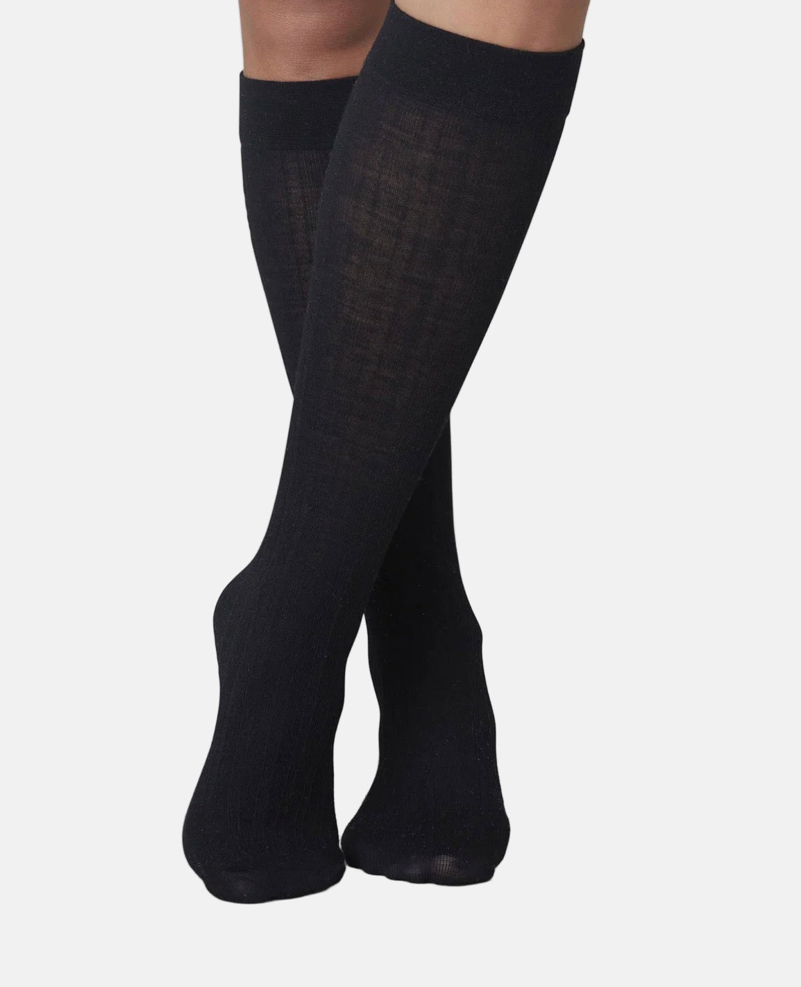 Knee-high black socks with a smooth, slightly sheer texture and a snug fit, featuring a reinforced band at the top for secure wear.