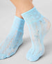 Light blue ankle socks with a delicate lace pattern featuring intricate leaf-like designs, semi-transparent texture, and a snug fit. 2