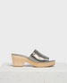 A sleek, metallic silver mule sandal with a smooth leather upper, open toe design, and a light wooden block heel. 4