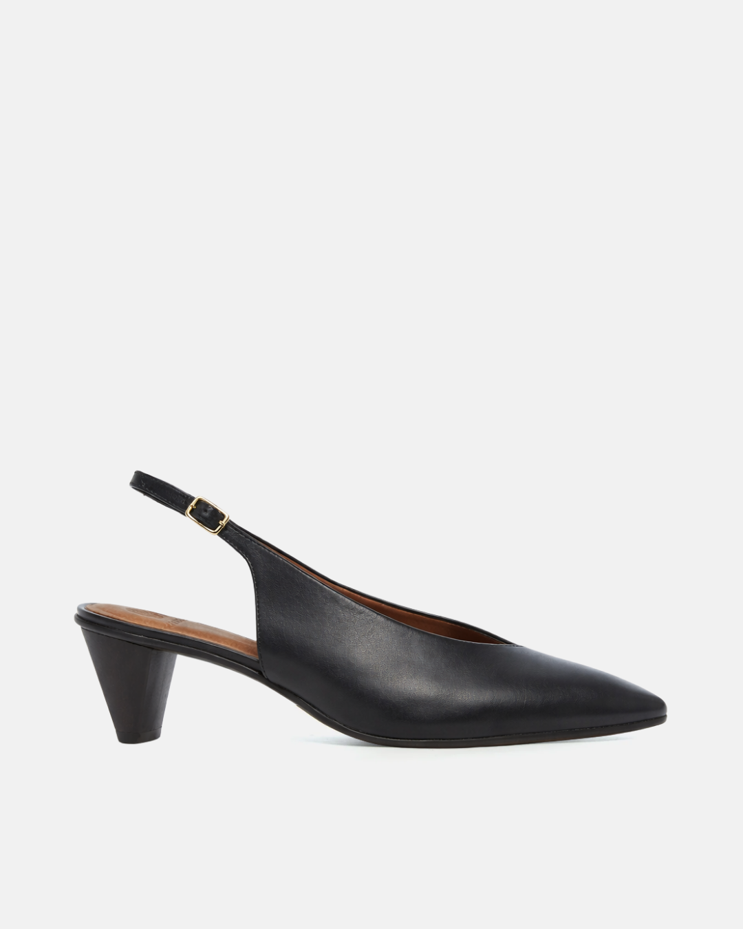 Coclico Sontag Slingback Pump in black leather, a squared pointed toe slingback with a sculpted cone heel